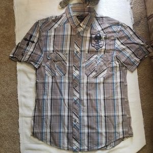 Men's Short Sleeve Plaid Skull Button Down Shirt